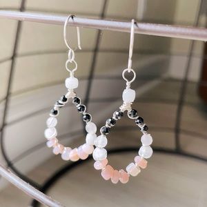 Pink Peruvian opal, white moonstone, black spinel and rose quartz hoop artisan